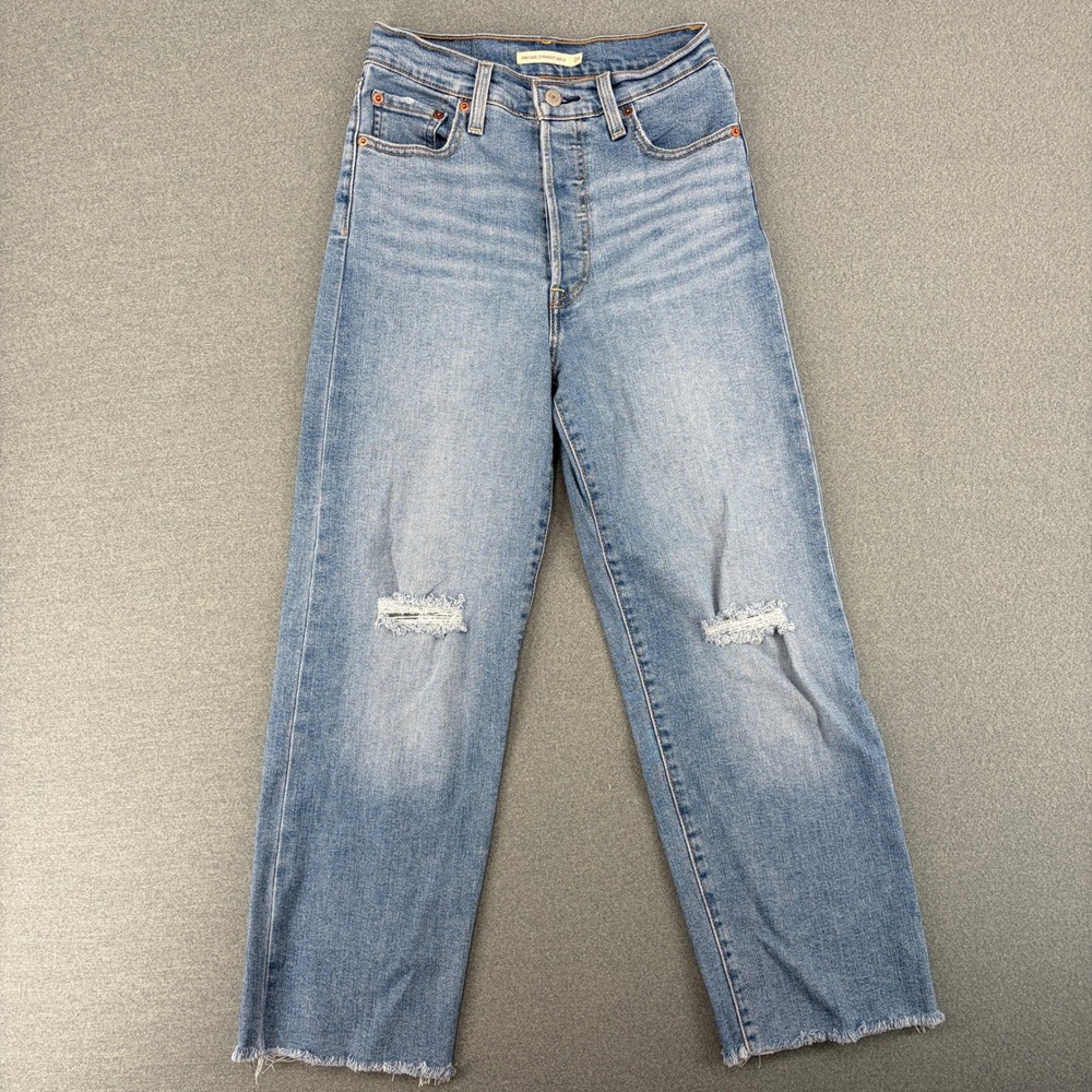 Levis Ribcage Straight Ankle Jeans 26 Light Wash Distressed High Rise Denim Blue